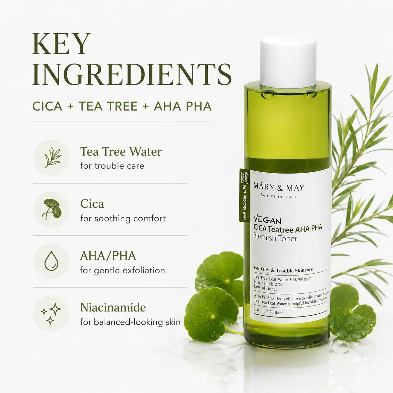 Mary&May Vegan CICA Tea Tree AHA PHA Blemish Toner 200ml
