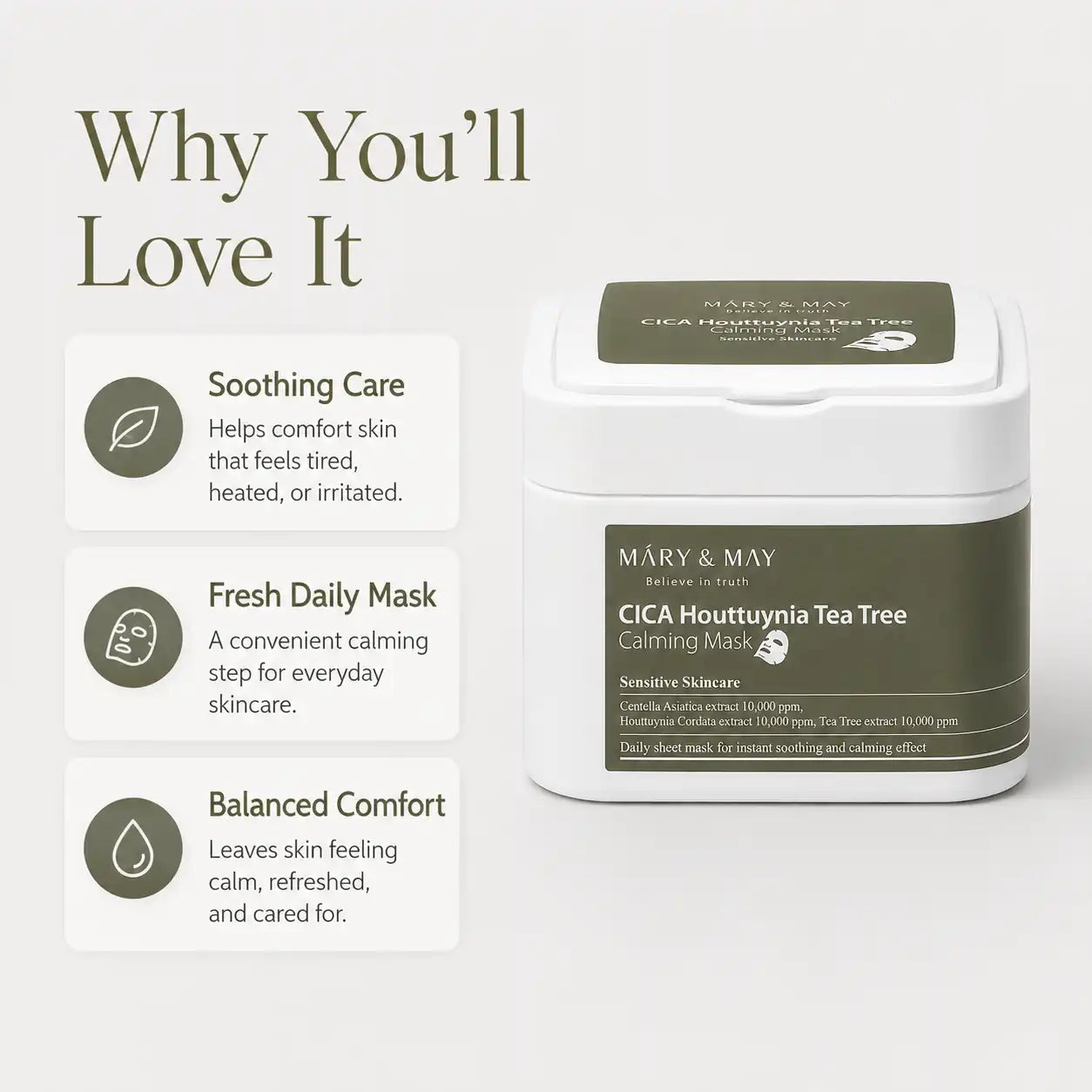 Mary&May CICA Houttuynia Cordata Tea Tree Calming Mask Pack 30 Sheets