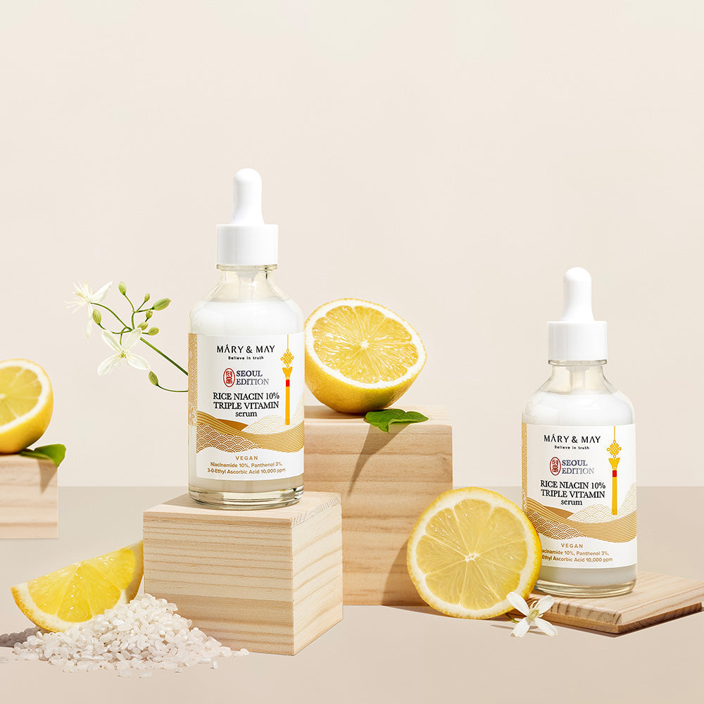 Mary&May Rice Niacin 10% Serum bottle next to packaging box