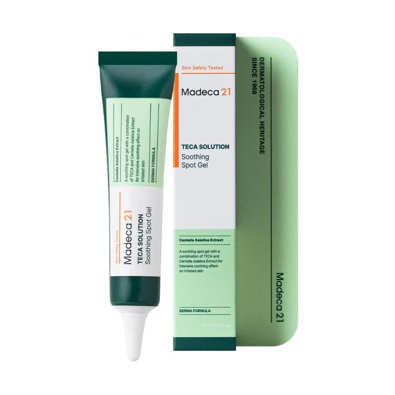 Madeca21 Soothing Spot Gel held showing compact travel size
