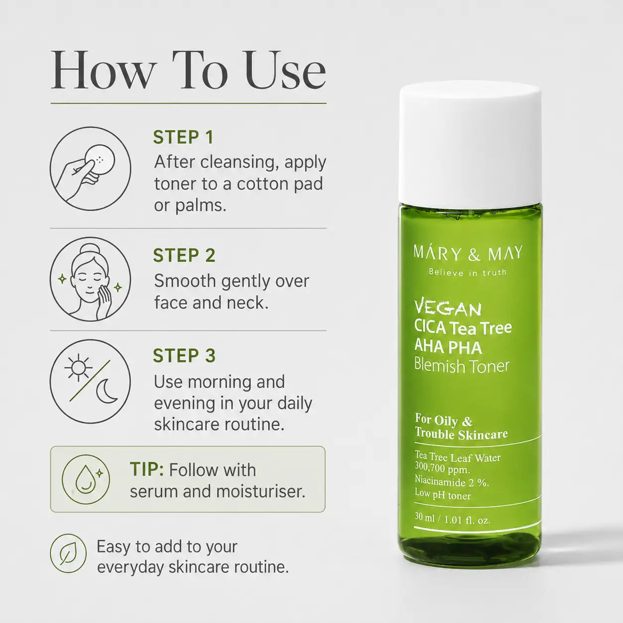 Mary&May Vegan CICA Tea Tree AHA PHA Blemish Toner Miniature 30ml