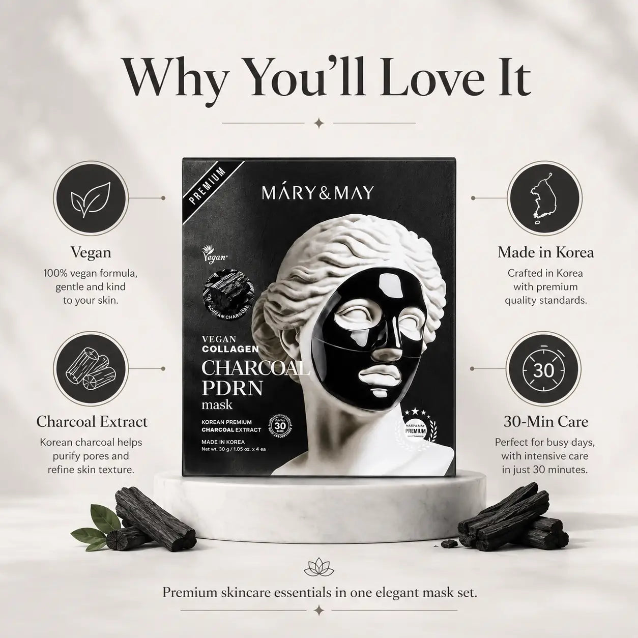 Mary&May Vegan Collagen Charcoal PDRN Mask ( x4) 30g 30g x4