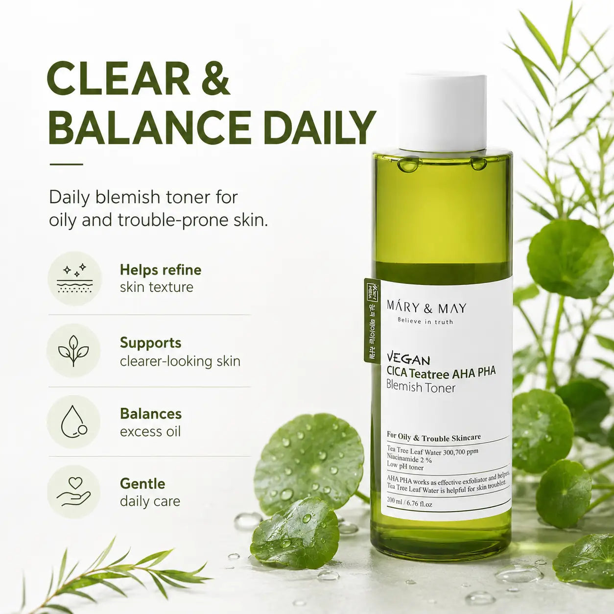 Mary&May Vegan CICA Tea Tree AHA PHA Blemish Toner 200ml