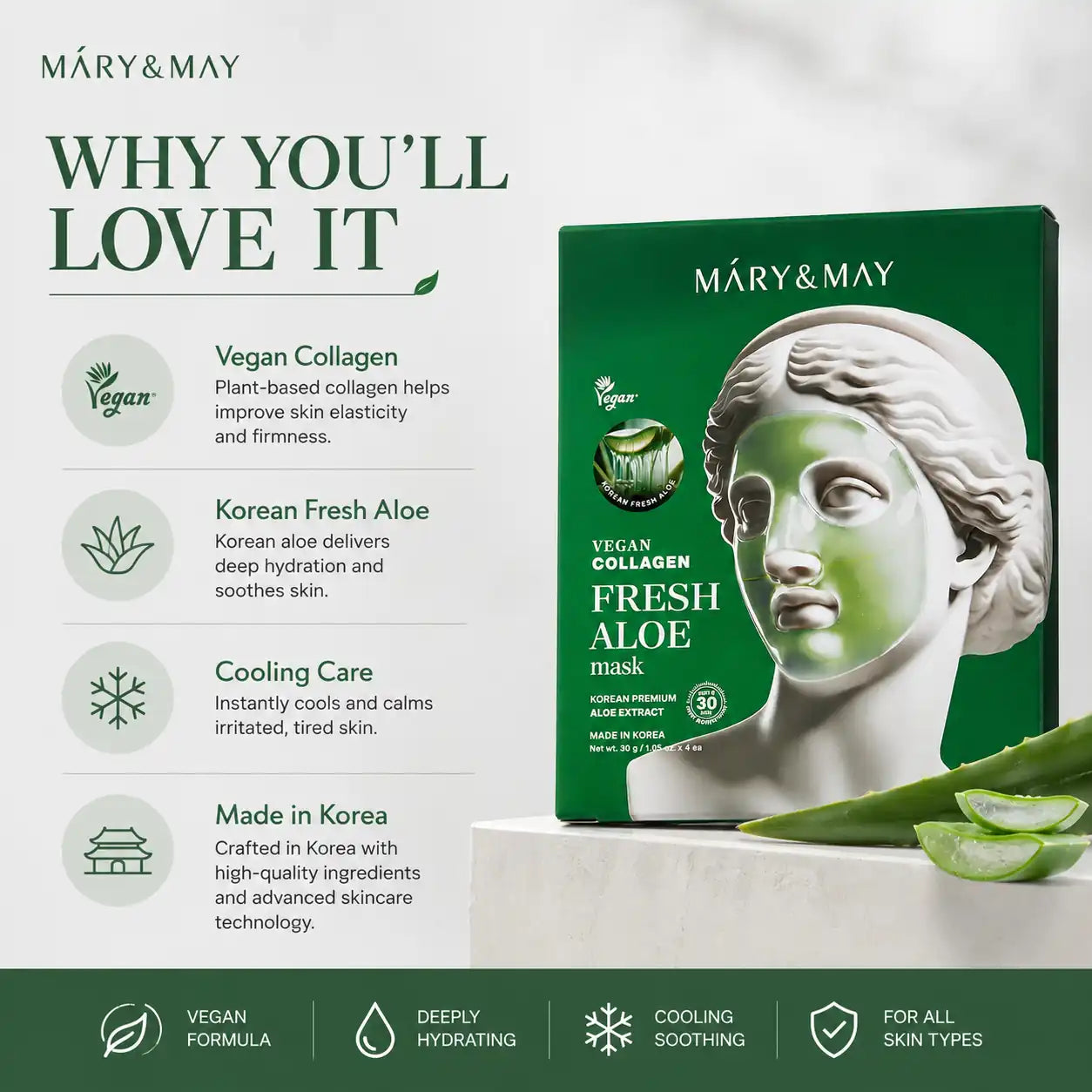 Mary&May Vegan Collagen Fresh Aloe Mask 30g x4