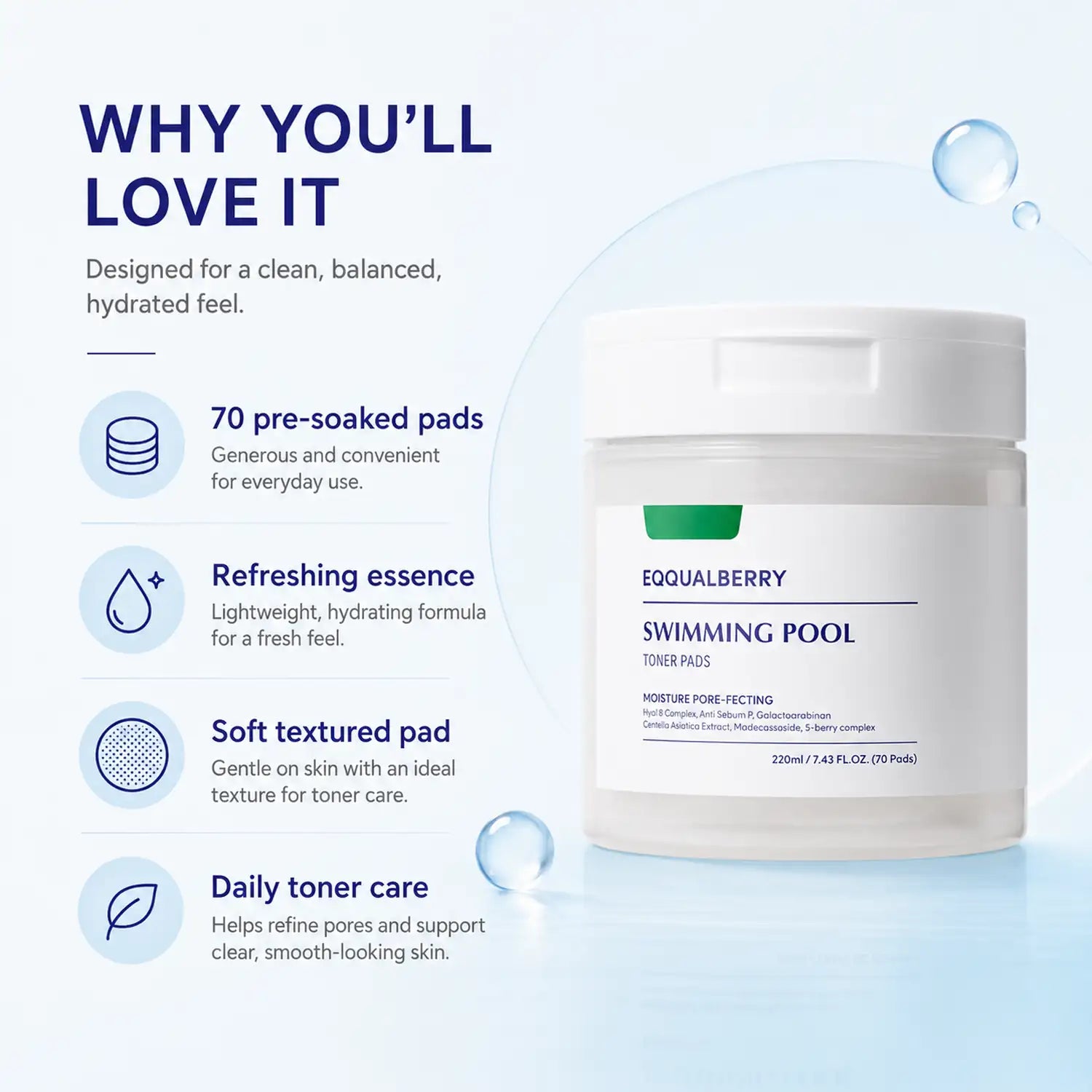 EQQUALBERRY Swimming Pool Toner Pads 220ml 70 Pads