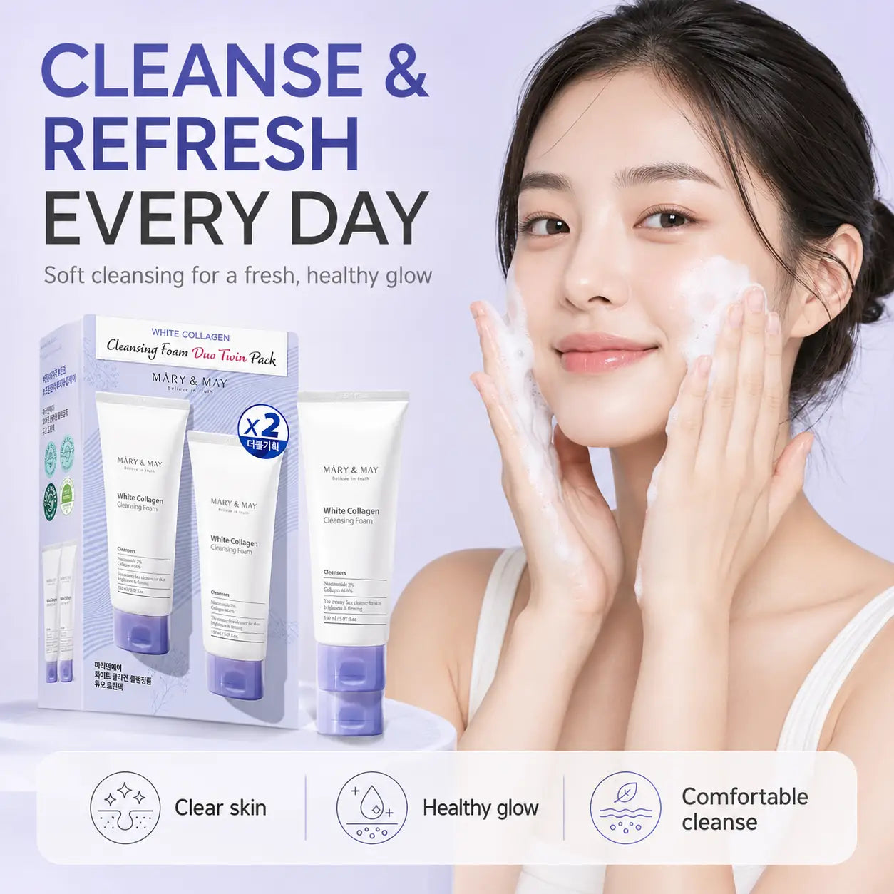 Mary&May White Collagen Cleansing Foam Duo Twin Pack ( x2) 150ml 150ml x2