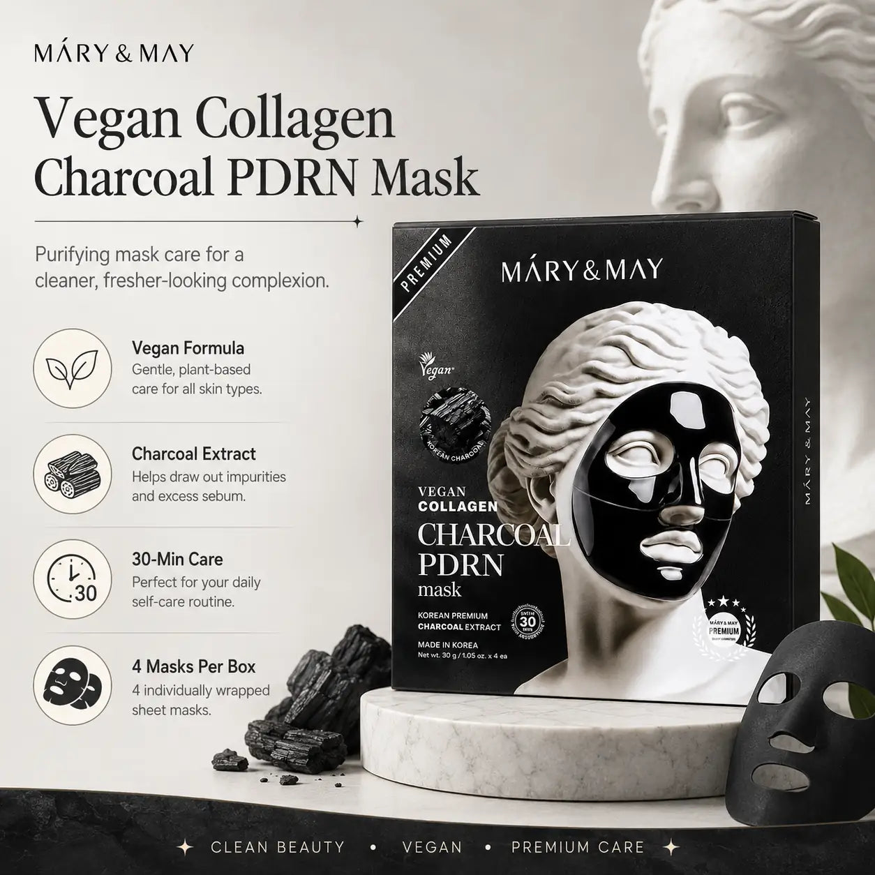 Mary&May Vegan Collagen Charcoal PDRN Mask ( x4) 30g 30g x4