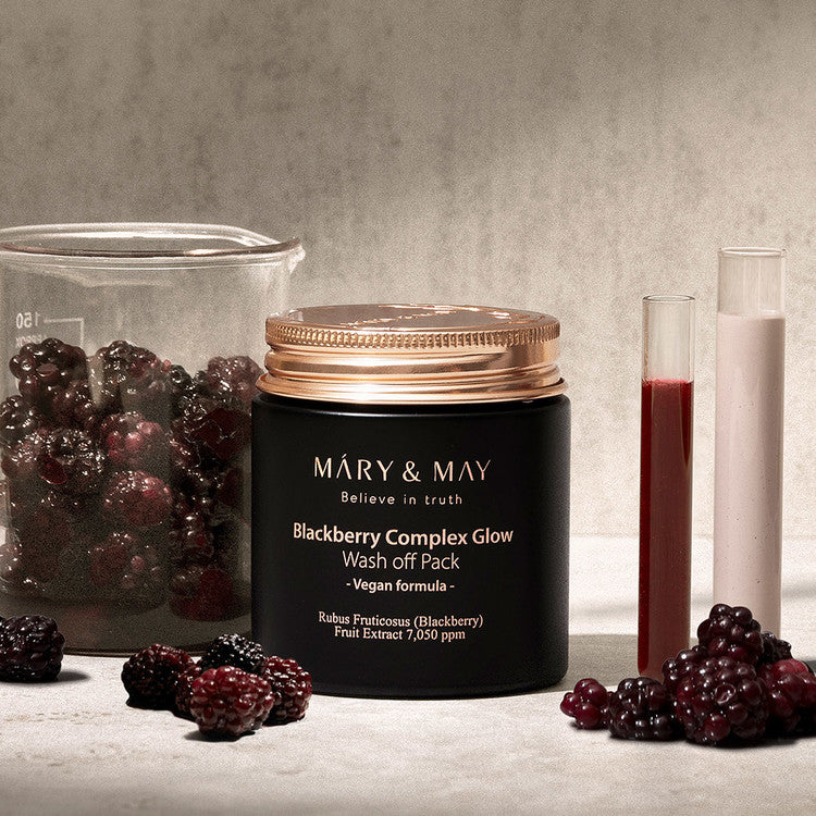 Mary&May Blackberry Complex Glow Wash Off Pack tub next to packaging box