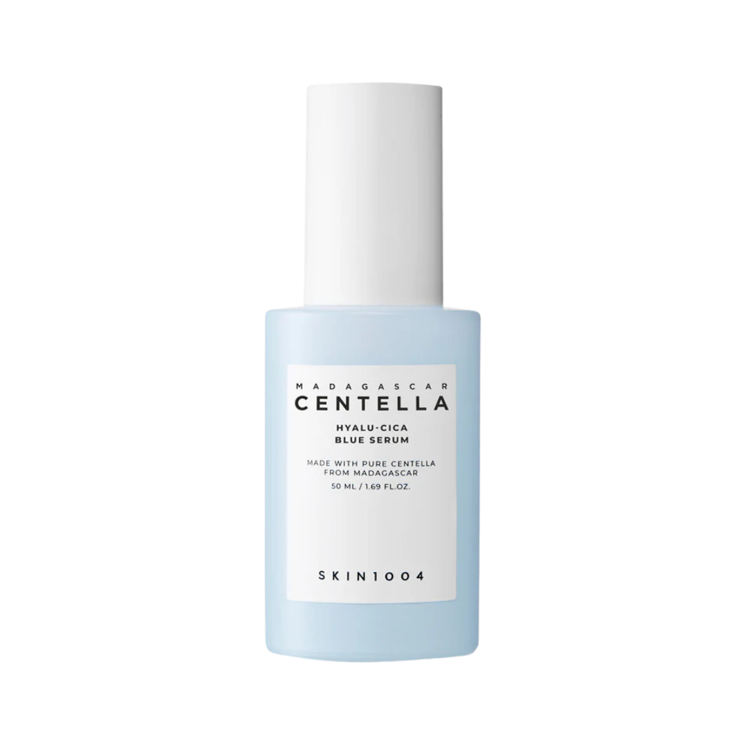 Blue serum bottle wrapped in original packaging film