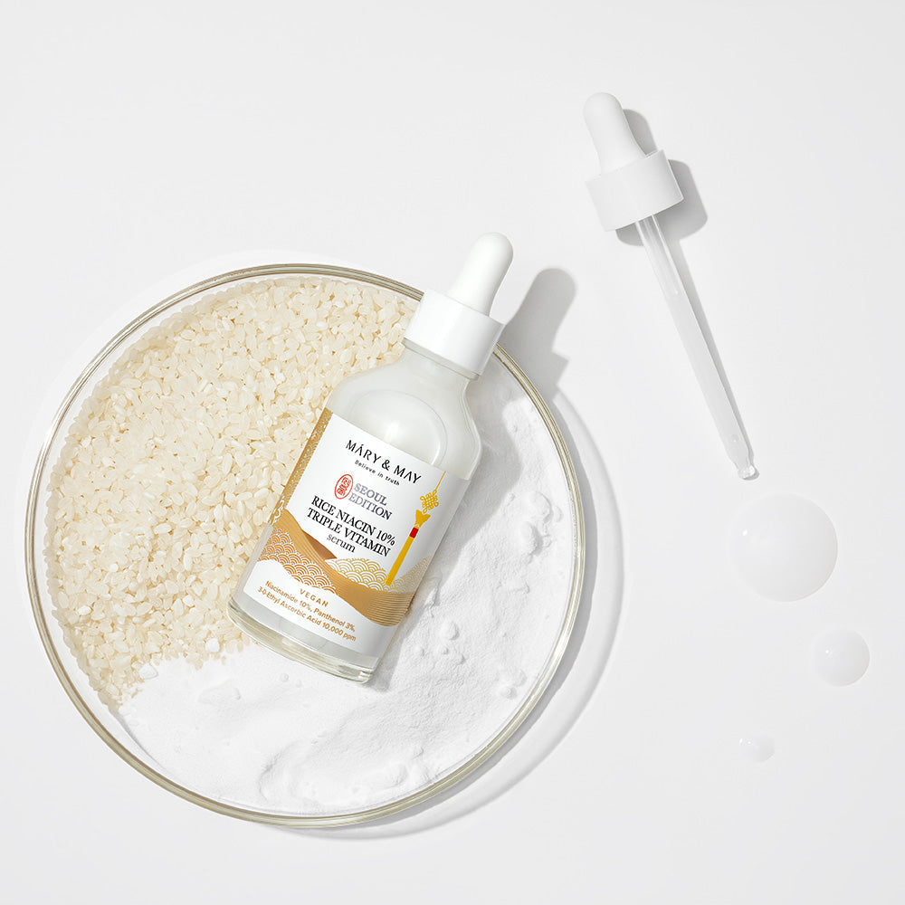 Mary&May Rice Niacin Serum 80ml lifestyle shot on vanity shelf