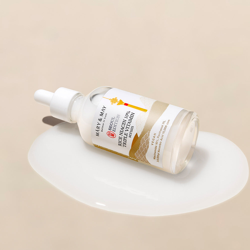 Mary&May Rice Niacin Serum full packaging set on counter