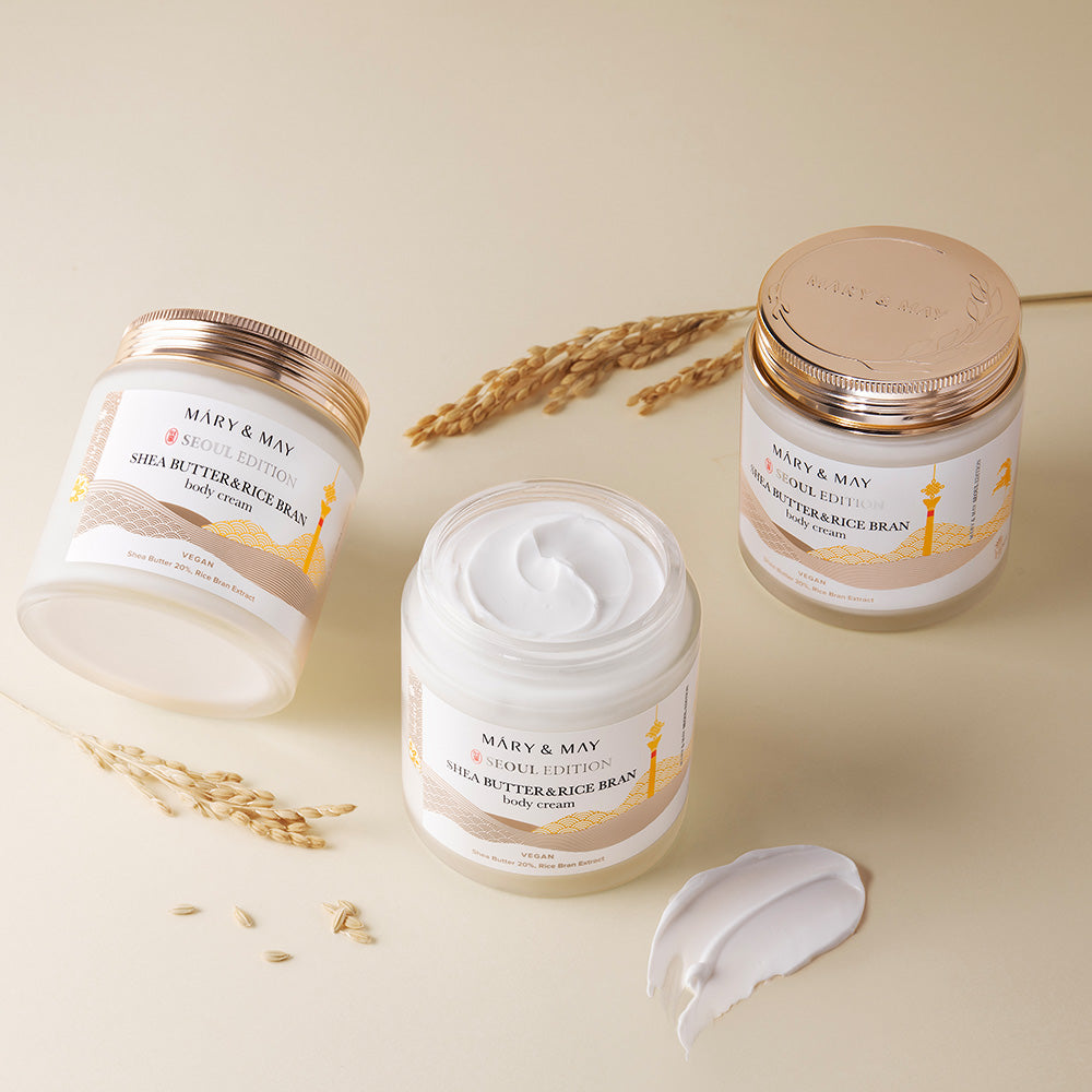 Mary&May Shea Butter & Rice Bran Body Cream bottle next to packaging box