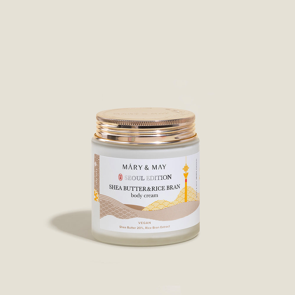 Mary&May Shea Butter Body Cream 250ml lifestyle shot on bathroom shelf