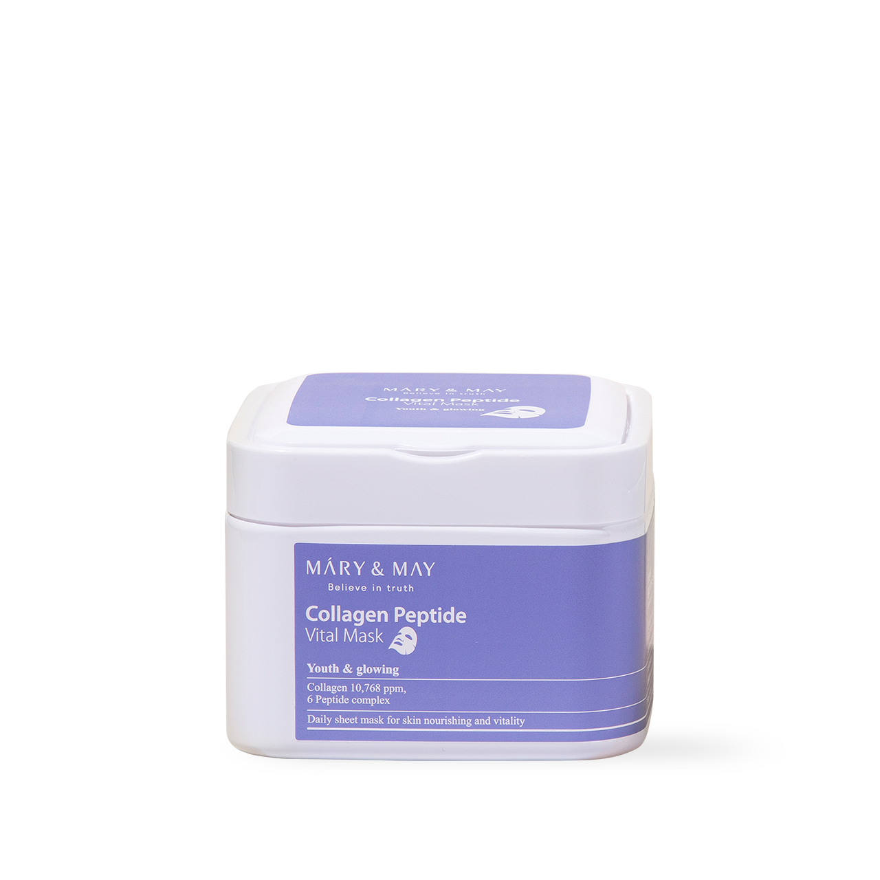 Mary&May Collagen Peptide Vital Mask box open showing stacked sachets