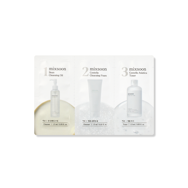 MIXSOON (Step 1,2,3) Bean Cleansing Oil, Centella Cleansing Foam, Centella Asiatica Toner Sachet [1.5ml x 3ea] - Set