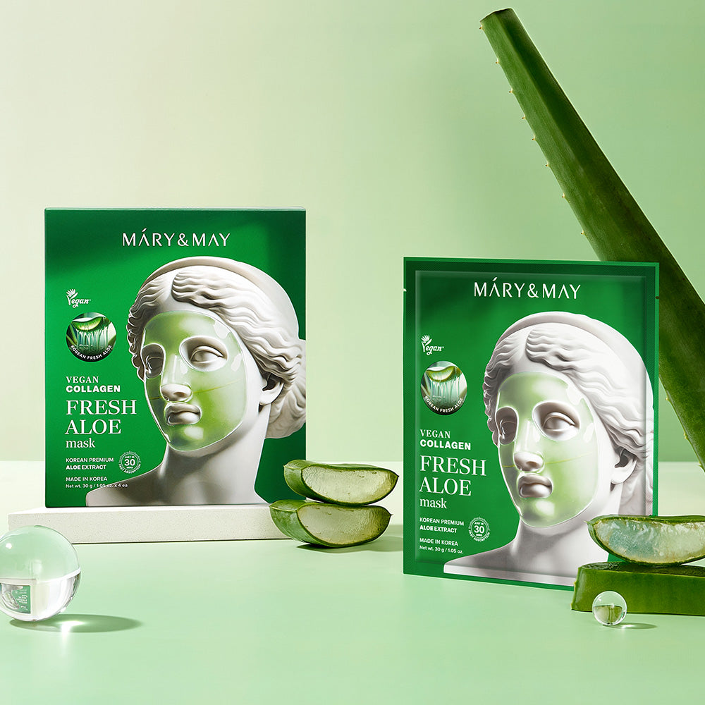 Mary&May Vegan Collagen Fresh Aloe Mask box standing upright on shelf
