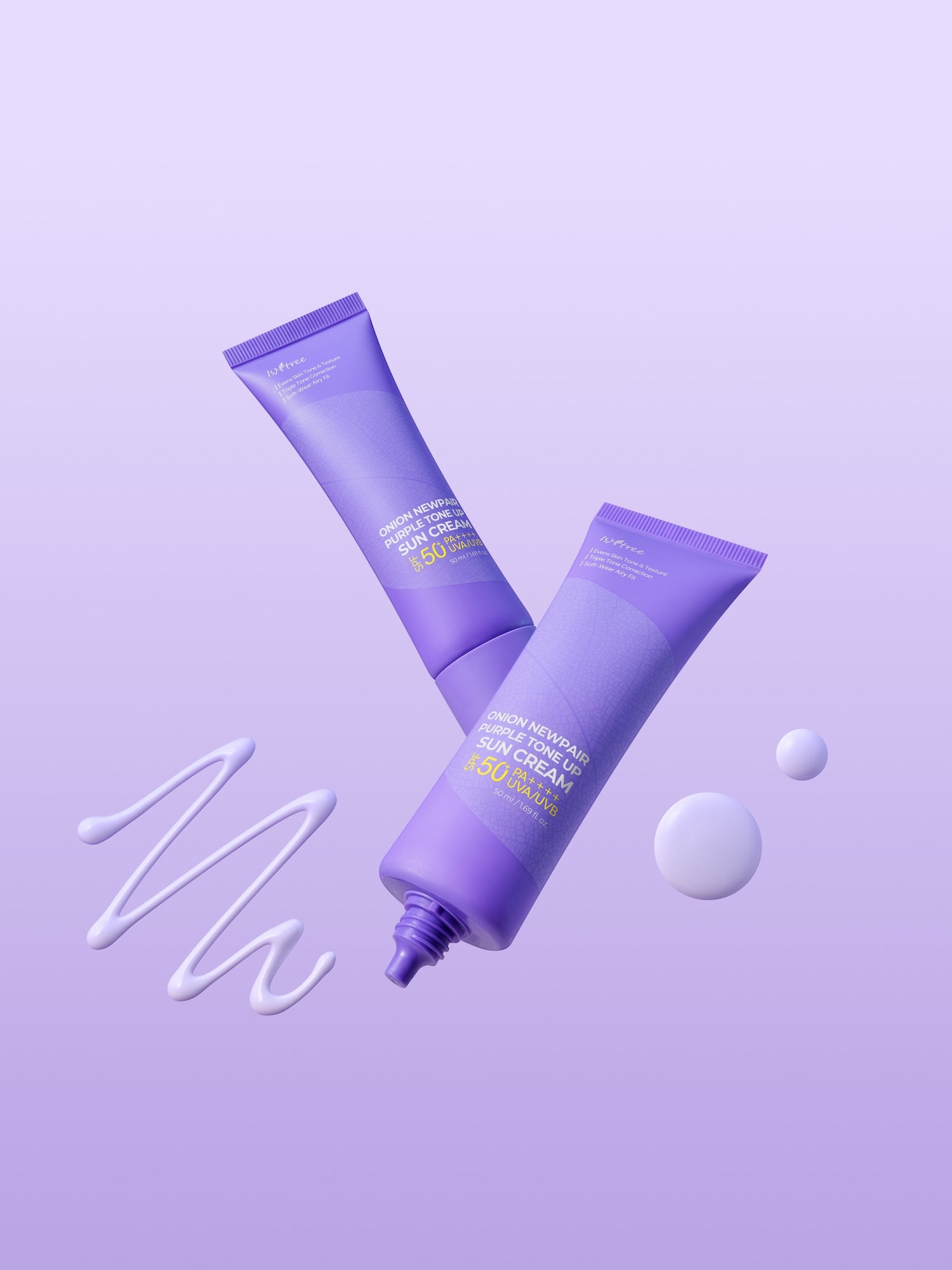 Isntree Onion Newpair Purple Tone Up Sun Cream bottle next to packaging box