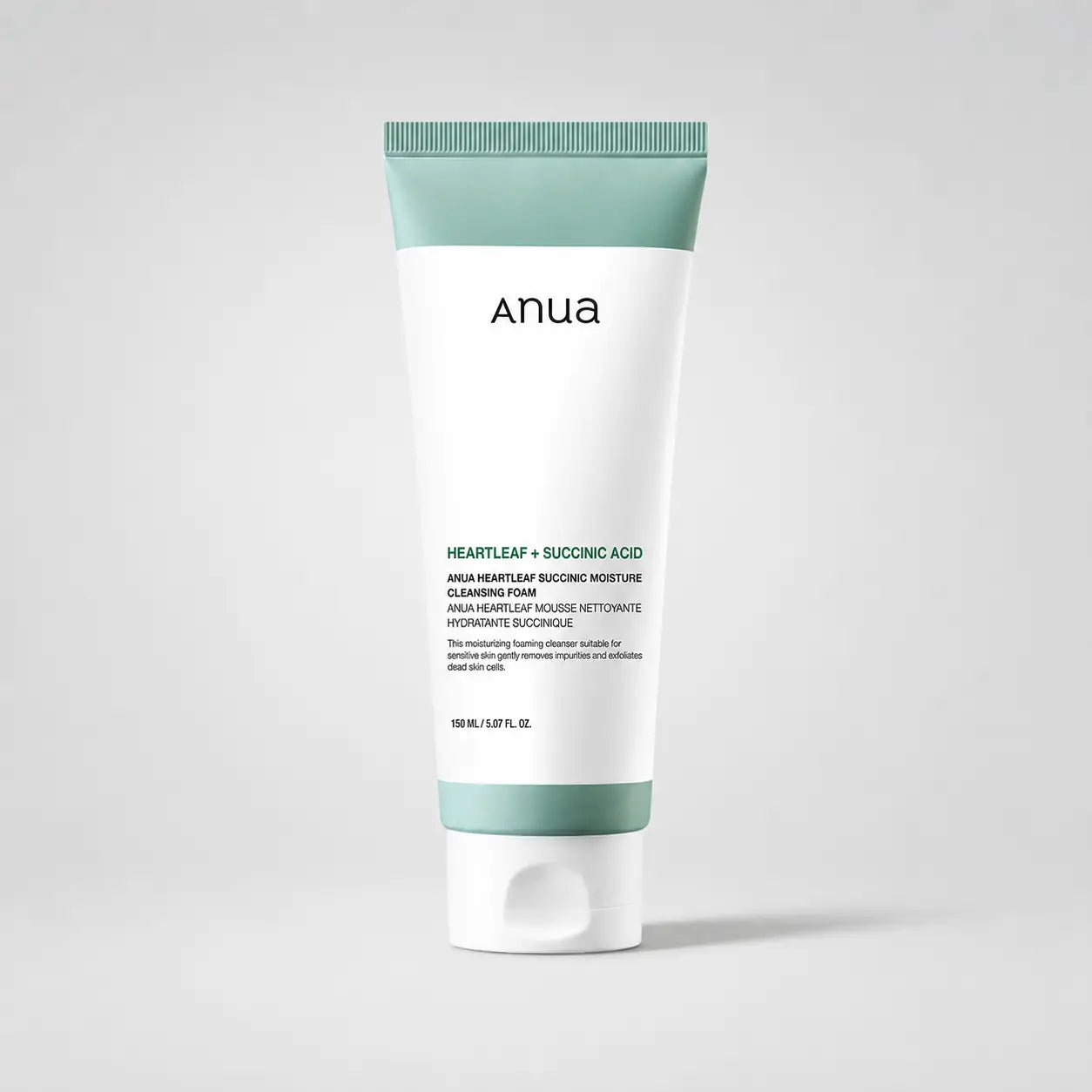 ANUA Heartleaf Succinic Moisture Cleansing Foam tube shown upright against a plain background
