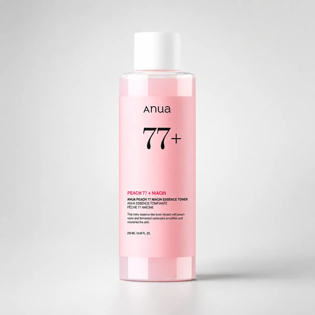 ANUA Peach 77% Niacin Essence Toner bottle shown upright against a plain background