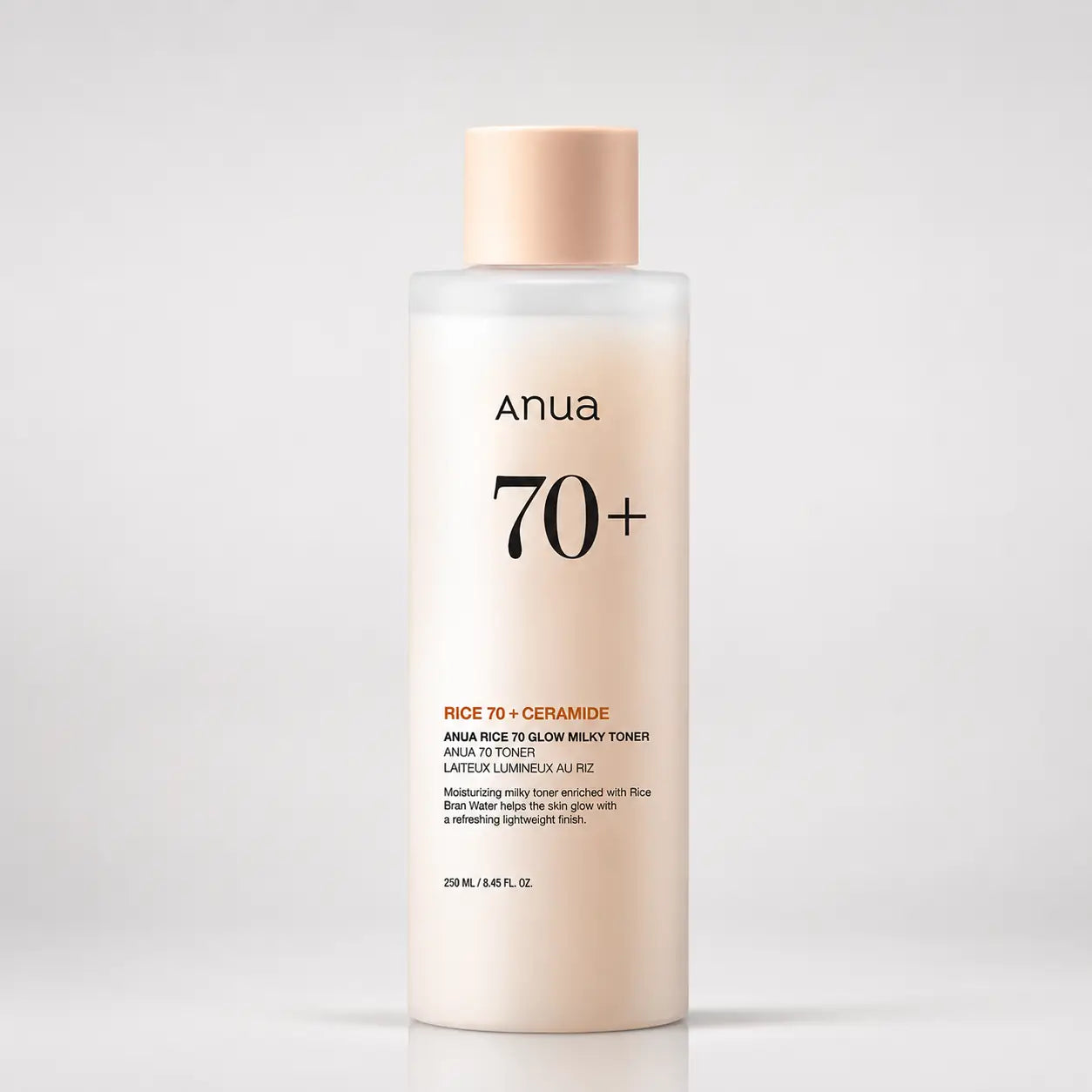 ANUA Rice 70% Glow Milky Toner bottle shown upright against a plain background