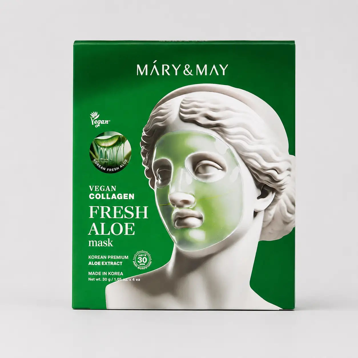 Mary&May Vegan Collagen Fresh Aloe Mask box of four front view